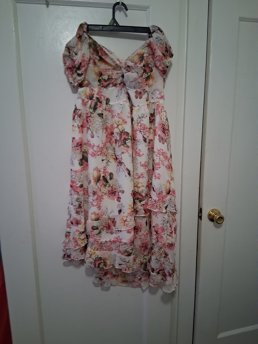 Sbetro White Floral Asymmetrical Midi Dress with Pink & Green Print